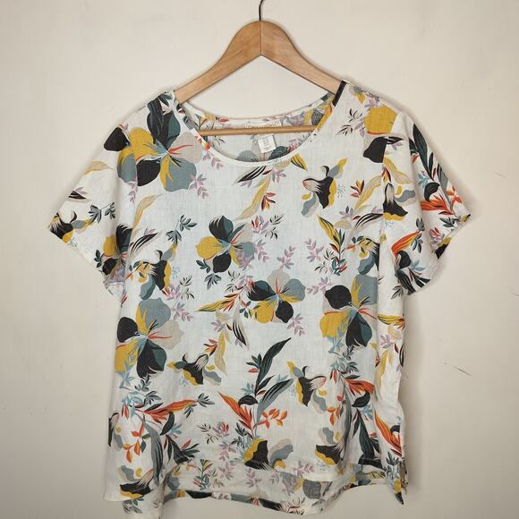 Cynthia Rowley Linen Top Floral Short Sleeves Hi Low Hem - Picture 1 of 10